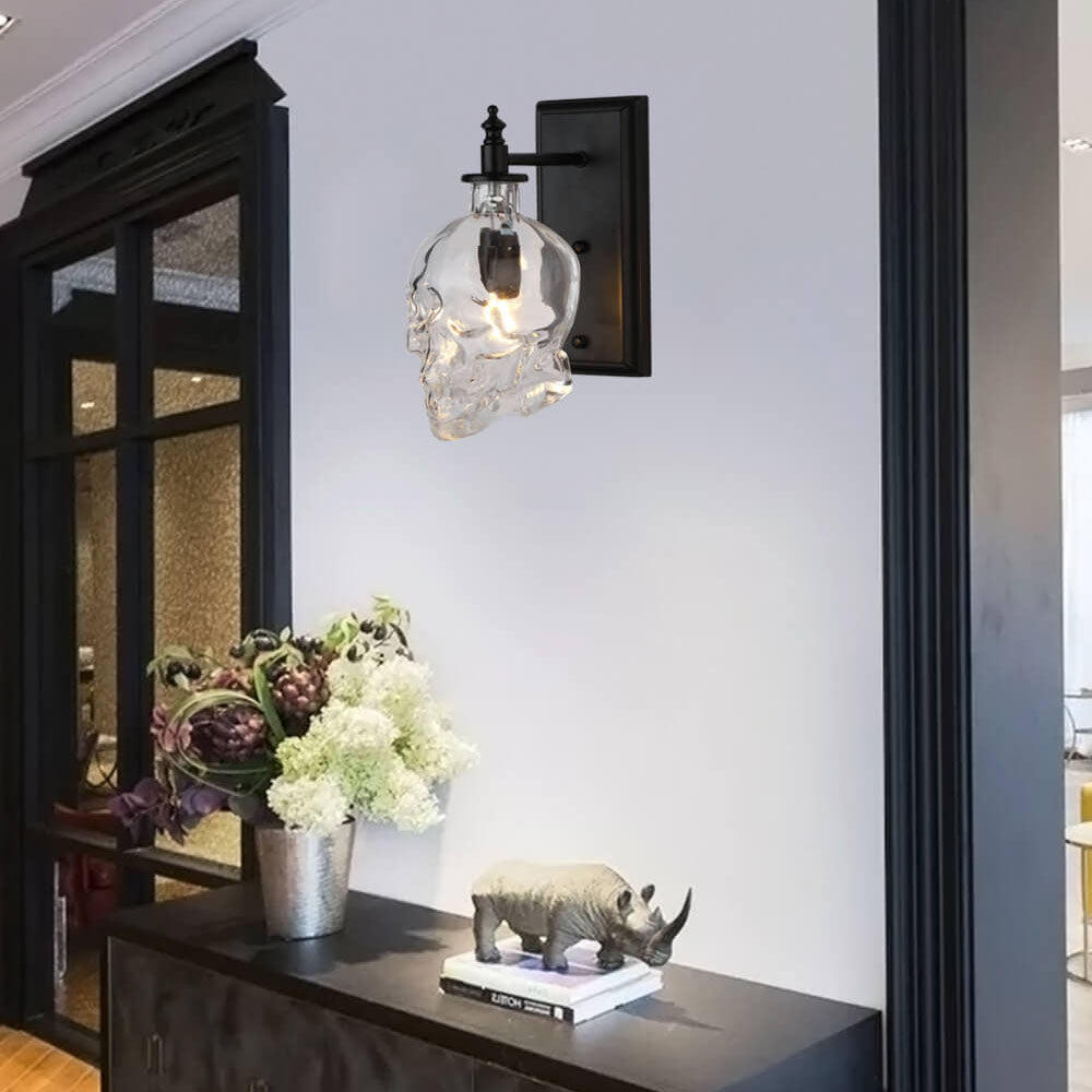 Contemporary Skull Glass Iron Wall Sconce - 1-Light Halloween Lamp for Living Room