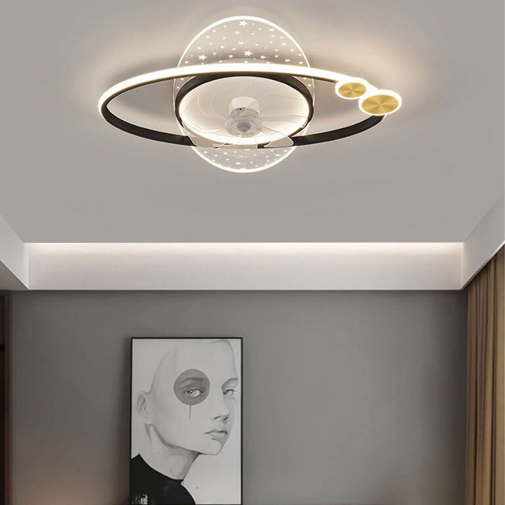 Modern Creative Planet Star Effect LED Flush Mount Ceiling Fan Light, Contemporary Indoor Lighting Fixture, Energy-Efficient Ceiling Fan with Light, Stylish LED Ceiling Fan for Home Decor, Whisper Quiet Ceiling Fan with Remote Control, Unique Star Pattern