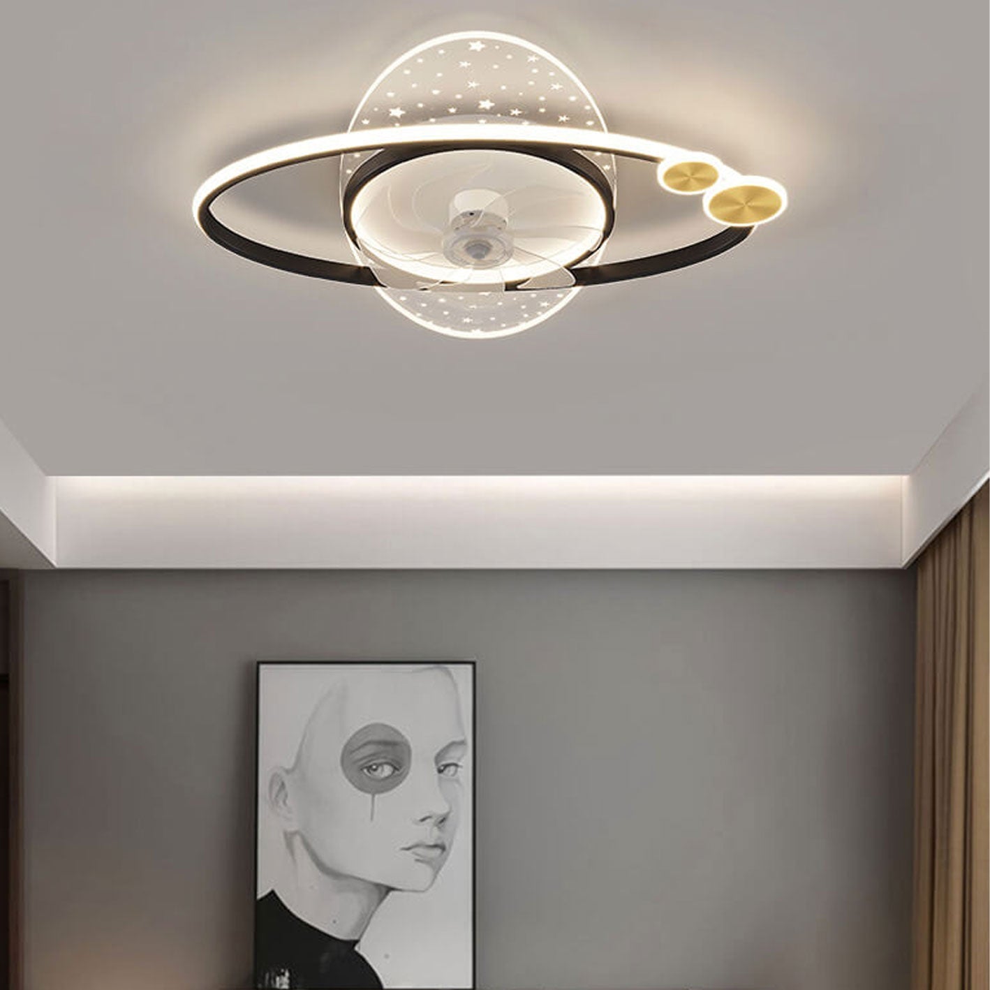 Modern Creative Planet Star Effect LED Flush Mount Ceiling Fan Light, Contemporary Indoor Lighting Fixture, Energy-Efficient Ceiling Fan with Light, Stylish LED Ceiling Fan for Home Decor, Whisper Quiet Ceiling Fan with Remote Control, Unique Star Pattern