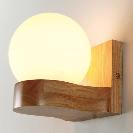 Contemporary Nordic Rubberwood Glass Ball Wall Sconce for Bedroom Lighting
