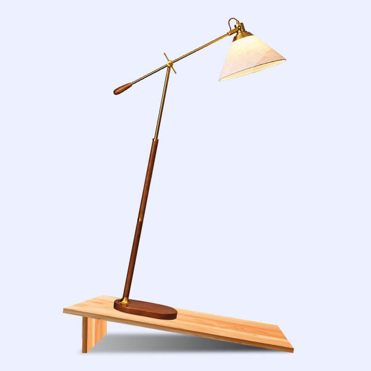Vintage Fabric Cone Floor Lamp, Metal and Ash Wood, 1-Light for Bedroom