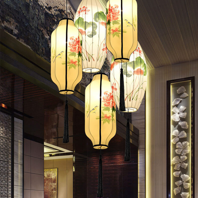 Oriental Antique Handmade Oval Lantern Pendant Light - 1-Light Fabric Fixture