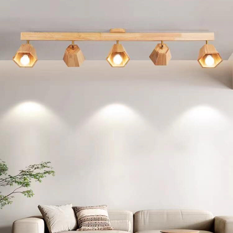 Traditional Japanese Wood Polygon Semi-Flush Mount Ceiling Light for Bedroom