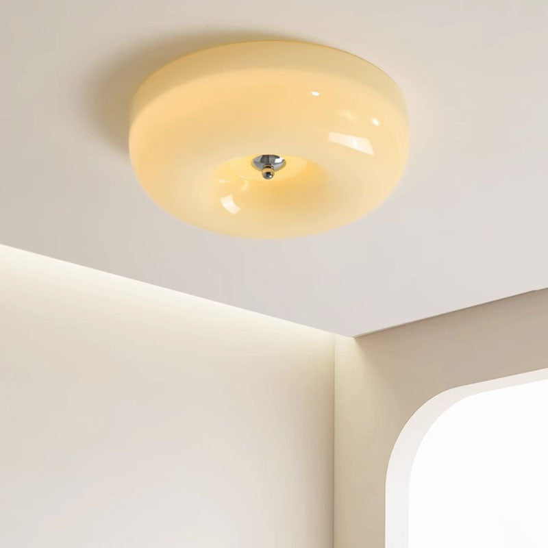 Contemporary Nordic Creamy Yellow Pudding Glass Shade Iron LED Flush Mount Ceiling Light