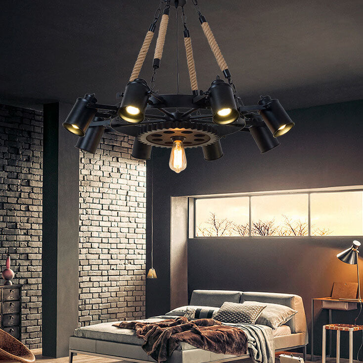 Contemporary Industrial Retro Wrought Iron Hemp Rope Chandelier - 7/9/11 Lights for Living Room