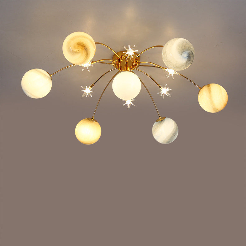 Contemporary Starry Sky 13-Light Semi-Flush Mount Ceiling Light for Bedroom, Iron and Glass Fixture, Modern Moon Design, Elegant Home Lighting