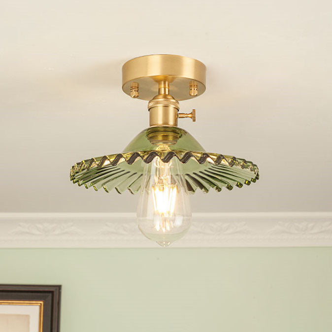 Vintage Round Ripple Brass Glass Semi-Flush Mount Light for Living Room