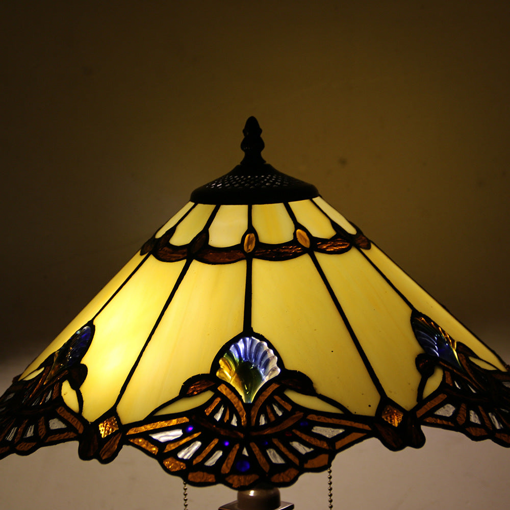 Tiffany Style Stained Glass 2-Light Cone Pull Cord Table Lamp for Bedroom