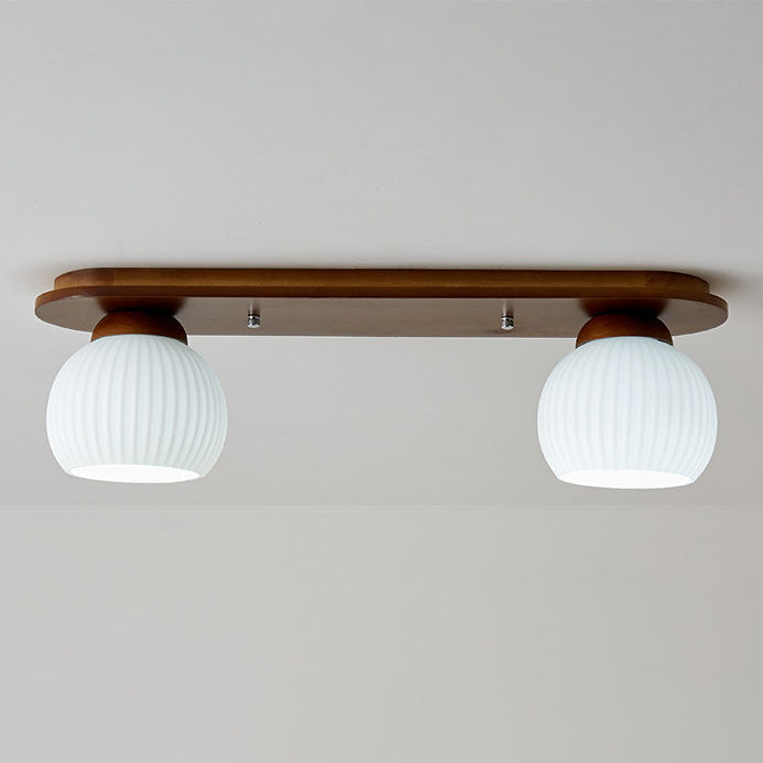 Traditional Japanese Striped Glass Wood Long Plate Flush Mount Ceiling Light
