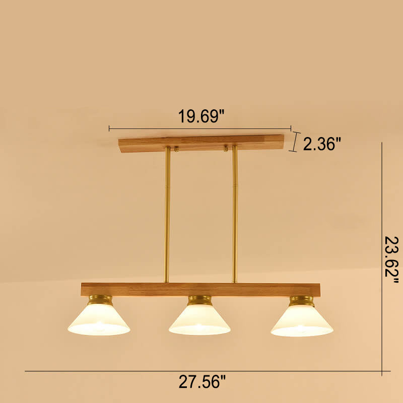Nordic Solid Wood Cone Glass Shade 3/4 Light Island Chandelier