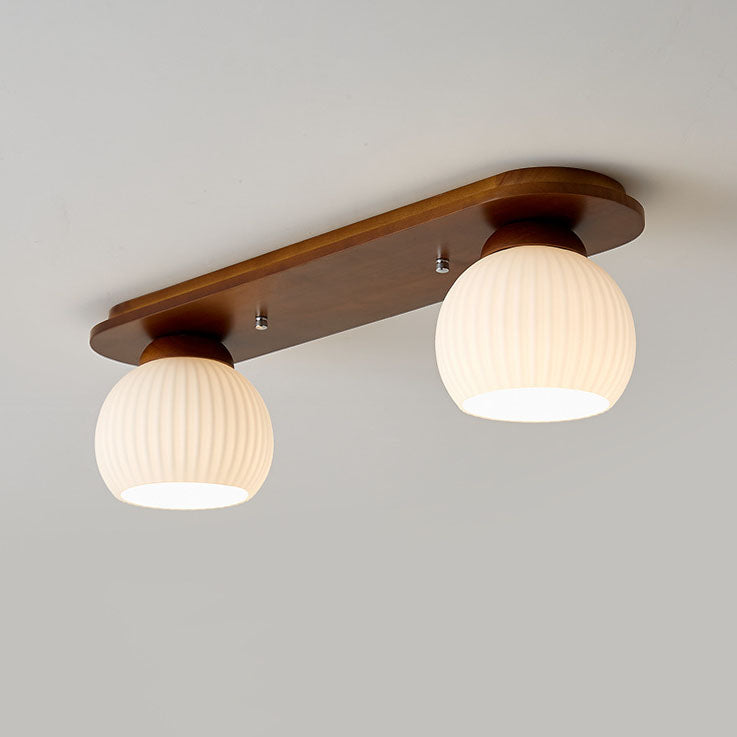 Traditional Japanese Striped Glass Wood Long Plate Flush Mount Ceiling Light