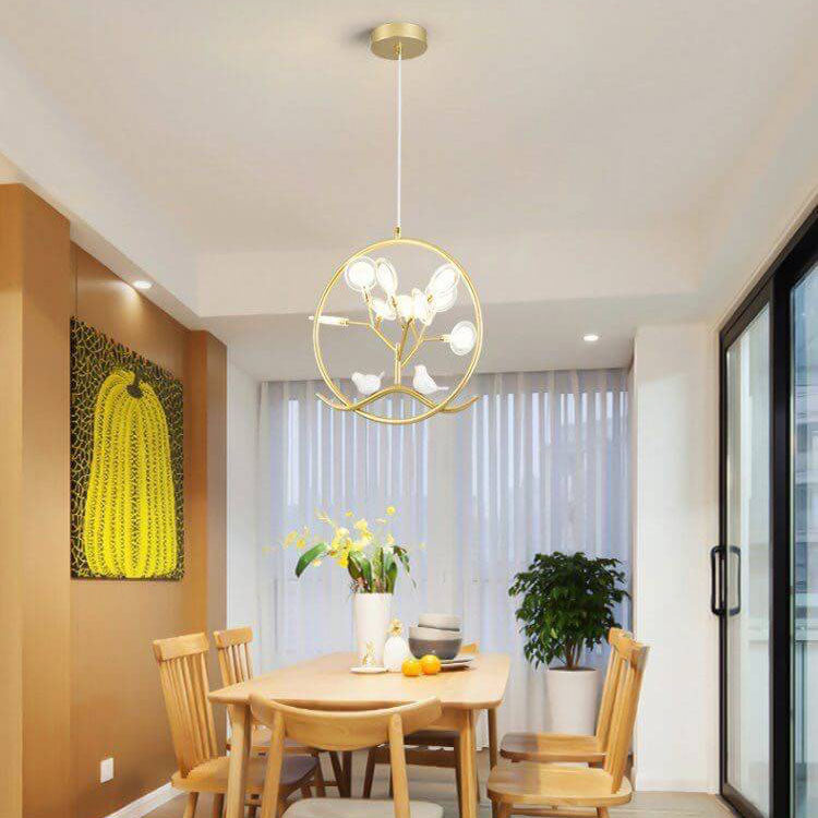 Nordic Metal Circular Bird Branch 9-Light Chandelier - Modern Pendant Lighting, Rustic Home Decor, Adjustable Brightness, Elegant Design, Contemporary Fixture