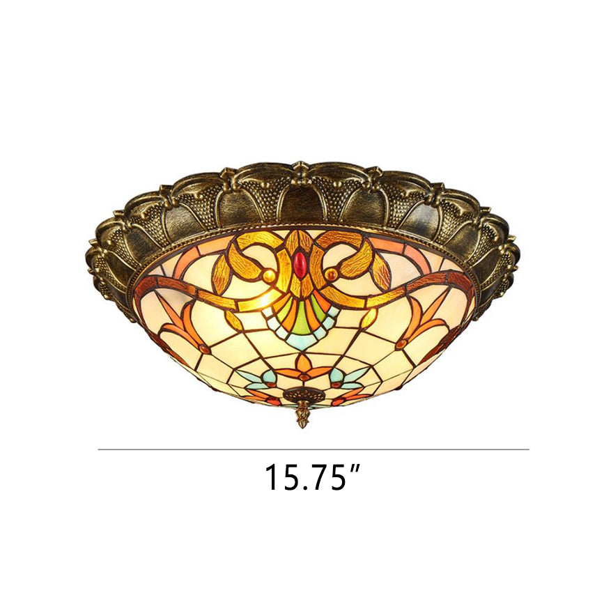 Vintage Tiffany Round Stained Glass LED Flush Mount Light