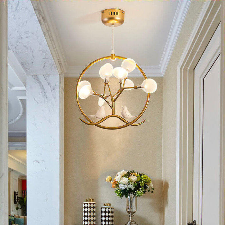 Nordic Metal Circular Bird Branch 9-Light Chandelier - Modern Pendant Lighting, Rustic Home Decor, Adjustable Brightness, Elegant Design, Contemporary Fixture