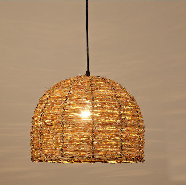 Retro Rattan Weaving Dome Pendant Light - 1-Light Hanging Fixture, Boho Chic Design, Natural Fiber, Indoor Lighting, Vintage Style, Warm Atmosphere, Decorative Ceiling Light
