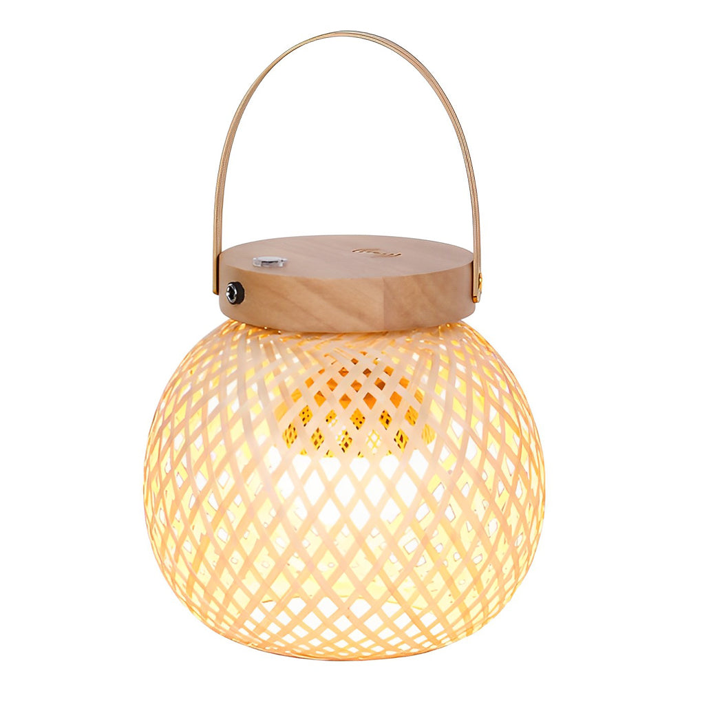 Rustic Bamboo Lantern Table Lamp with Handle – Portable Woven Design for Home Decor and Outdoor Use