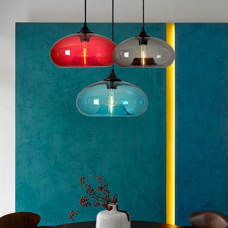 Colored Glass Oval 1-Light Pendant – Modern Lighting Fixture, Decorative Hang Light, Home Interior Design, Bohemian Style Decor