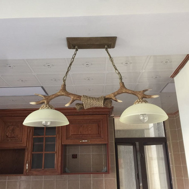 Vintage Resin Antler Chandelier - 2-Light Glass Bowl Shade