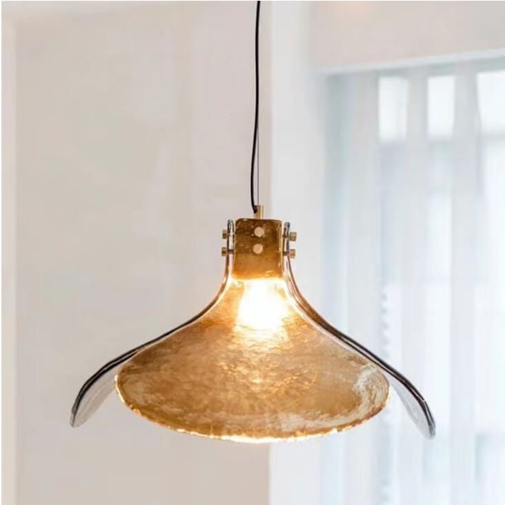 Vintage Amber Glass Floral Brass Pendant Light - 1-Light Fixture