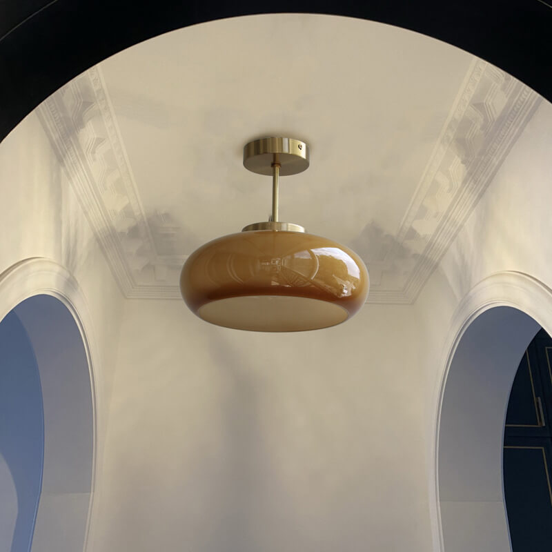 Vintage Brass Yellow Glass Semi-Flush Mount Ceiling Light