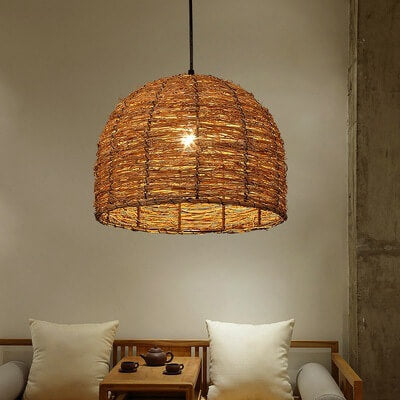 Retro Rattan Weaving Dome Pendant Light - 1-Light Hanging Fixture, Boho Chic Design, Natural Fiber, Indoor Lighting, Vintage Style, Warm Atmosphere, Decorative Ceiling Light