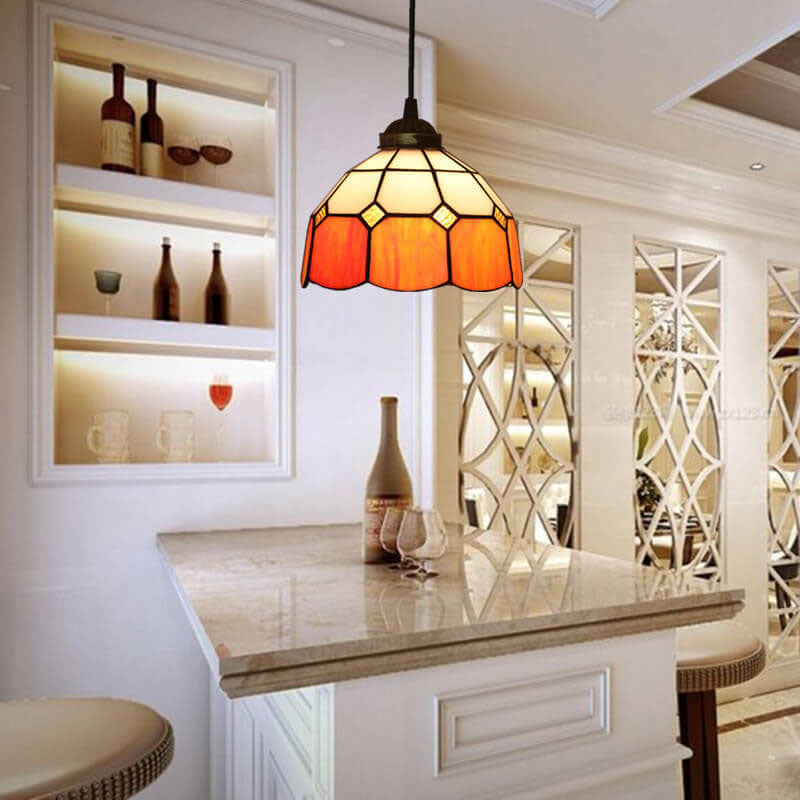 Traditional Tiffany Stained Glass Pendant Light for Living Room, Round 1-Light Iron Dome Shade