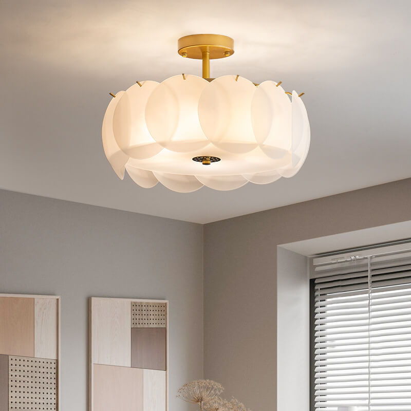 French Glass Round Drum Semi-Flush Mount Ceiling Light - 5/6 Light Fixture, Elegant Lighting, Modern Design, Home Decor, Living Room Illumination