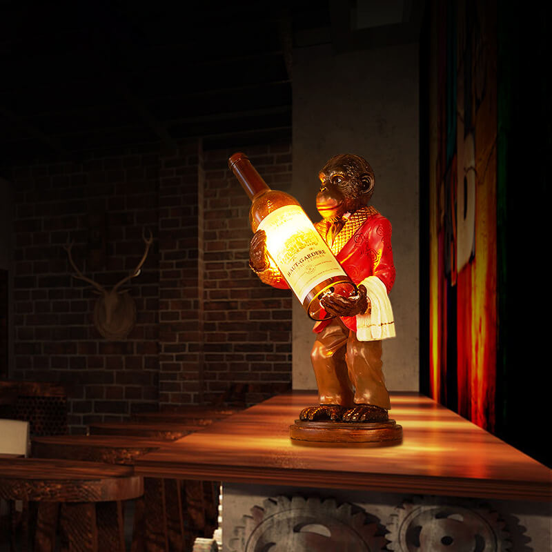 Retro Creative Monkey Resin Wine Bottle 1-Light Decoration Table Lamp, Unique Vintage Home Decor, Funky Animal Table Light, Quirky Wine Bottle Design Lamp, Stylish Monkey Figurine Night Light, Modern Chic Accent Lighting, Ideal Gift for Art Lovers, Decora