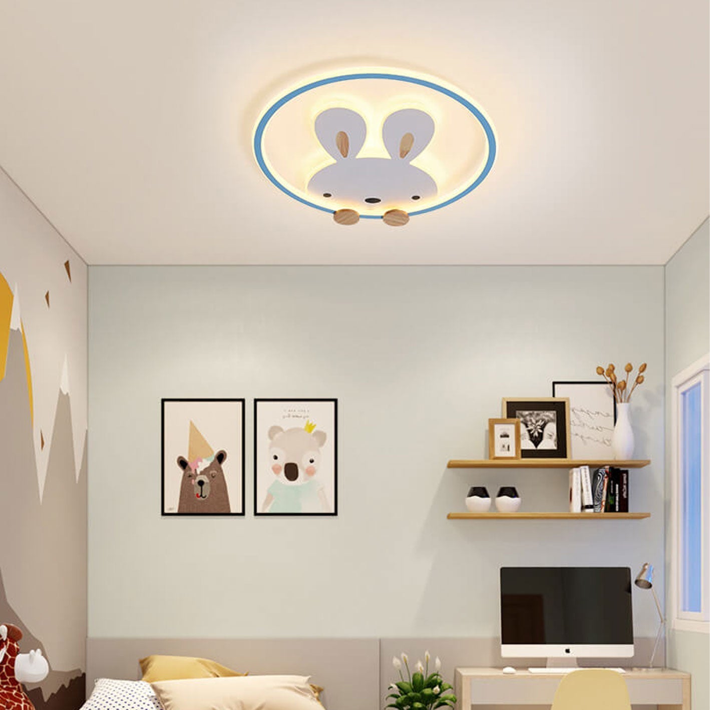 Childlike Modern Cartoon Rabbit LED Flush Mount Light Ceiling Fixture Cute Bunny Design for Kids Room Nursery Playroom Aesthetic Lighting Decor Kids Bedroom Illumination Creative Playful Home Lighting Children's Room Ceiling Light