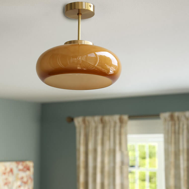 Vintage Brass Yellow Glass Semi-Flush Mount Ceiling Light
