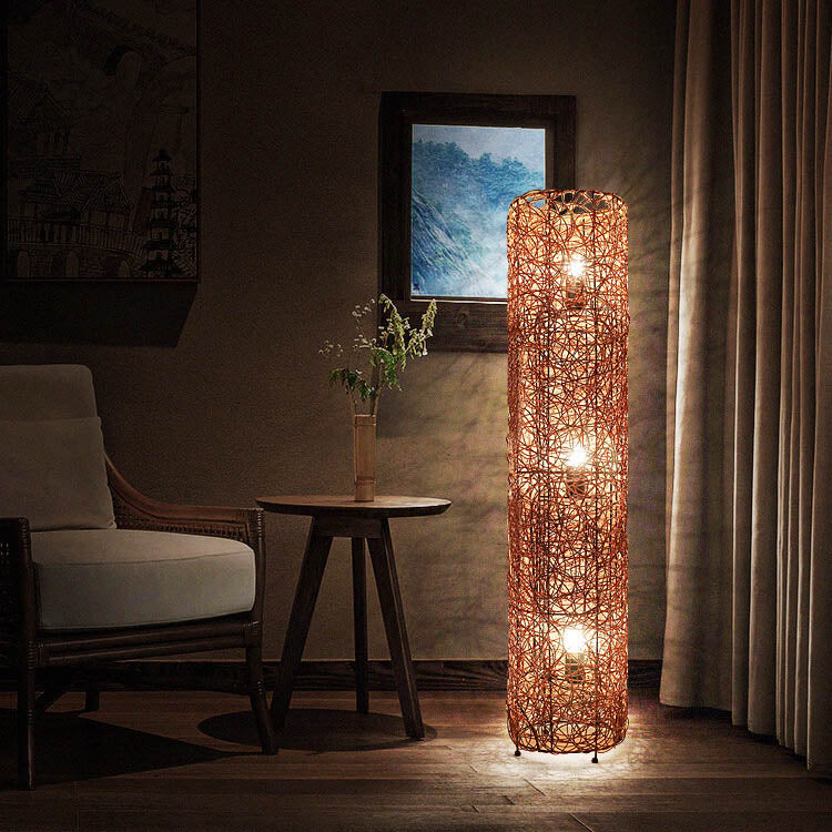 Minimalist Rattan Weaving 3-Light Floor Lamp - Column Design, Eco-Friendly Lighting, Bohemian Home Decor, Adjustable Brightness, Stylish Indoor Lighting, Warm Ambiance Lamp