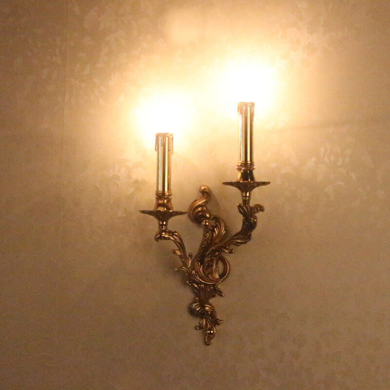French Vintage Brass Candle Wall Sconce Lamp - 2/3 Light Decorative Fixture