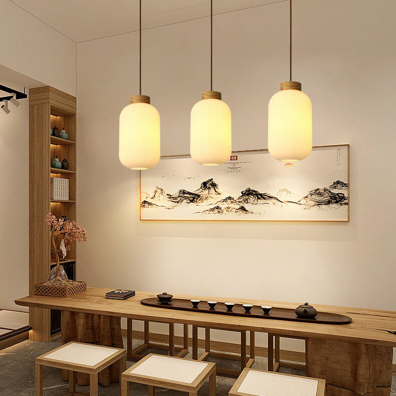Retro White Striped Glass Jar Pendant Light, 1-Light Japanese Design