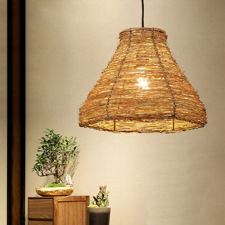 Retro Rattan Weaving Dome Pendant Light - 1-Light Hanging Fixture, Boho Chic Design, Natural Fiber, Indoor Lighting, Vintage Style, Warm Atmosphere, Decorative Ceiling Light