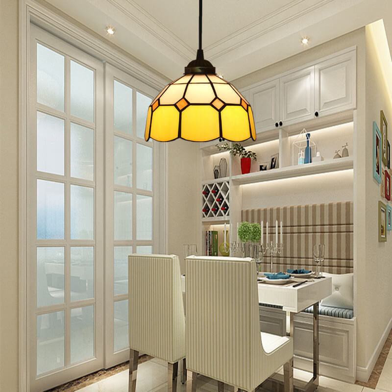 Traditional Tiffany Stained Glass Pendant Light for Living Room, Round 1-Light Iron Dome Shade