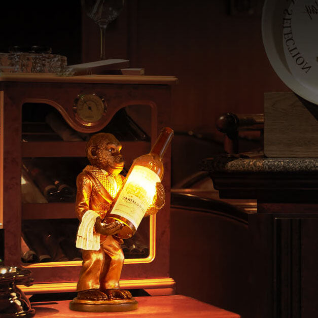 Retro Creative Monkey Resin Wine Bottle 1-Light Decoration Table Lamp, Unique Vintage Home Decor, Funky Animal Table Light, Quirky Wine Bottle Design Lamp, Stylish Monkey Figurine Night Light, Modern Chic Accent Lighting, Ideal Gift for Art Lovers, Decora