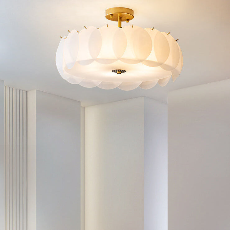 French Glass Round Drum Semi-Flush Mount Ceiling Light - 5/6 Light Fixture, Elegant Lighting, Modern Design, Home Decor, Living Room Illumination