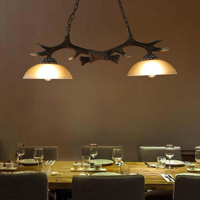 Vintage Resin Antler Chandelier - 2-Light Glass Bowl Shade
