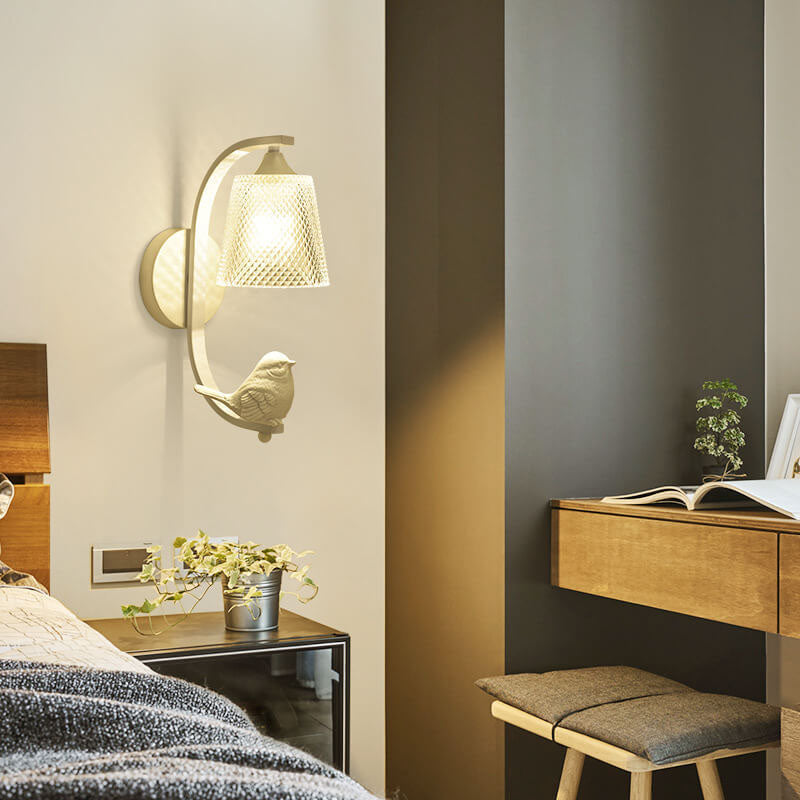 Modern Glass Shade Wall Sconce Lamp with Resin Bird Accent - 1-Light Fixture
