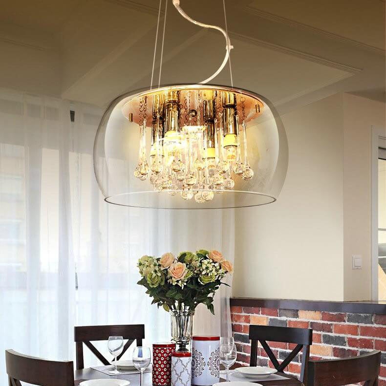 Modern Glass Shade Crystal 6-Light Chandelier - Elegant Lighting Fixture for Dining Room and Living Space