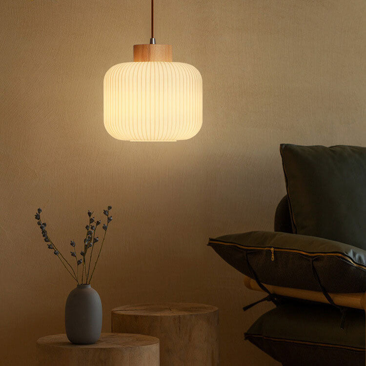 Retro White Striped Glass Jar Pendant Light, 1-Light Japanese Design