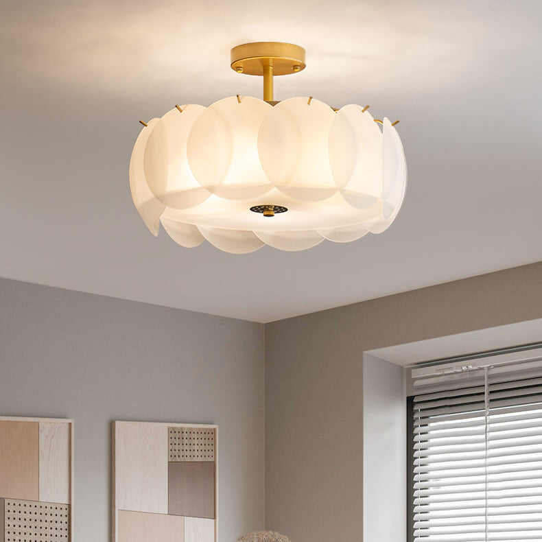 French Glass Round Drum Semi-Flush Mount Ceiling Light - 5/6 Light Fixture, Elegant Lighting, Modern Design, Home Decor, Living Room Illumination