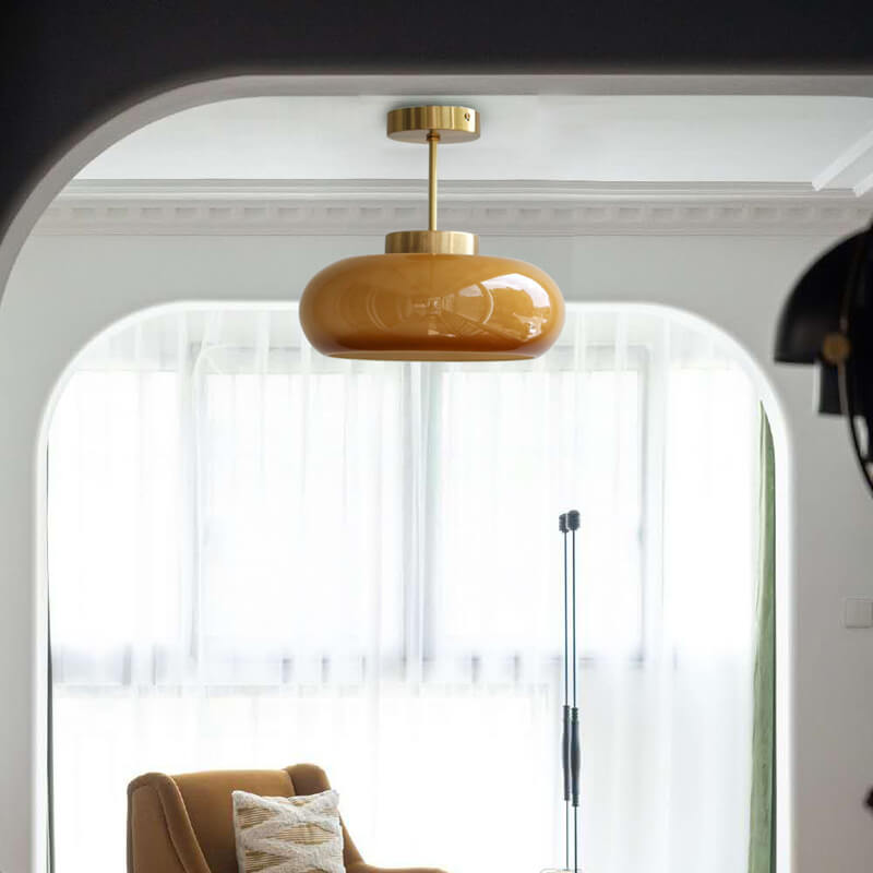 Vintage Brass Yellow Glass Semi-Flush Mount Ceiling Light