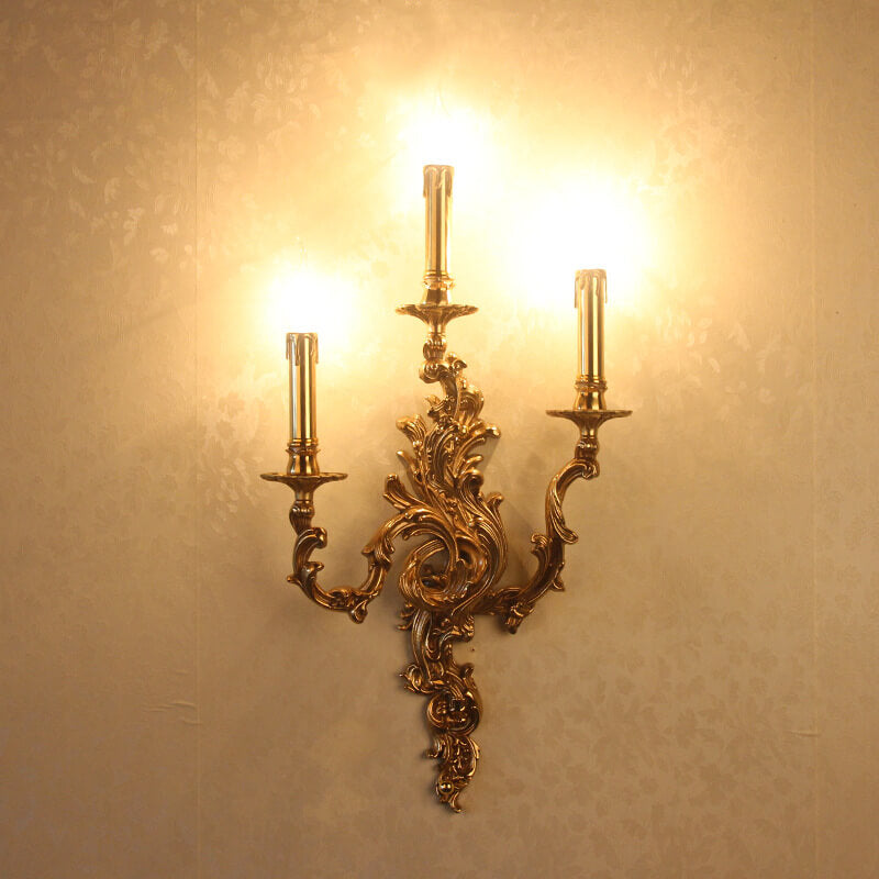 French Vintage Brass Candle Wall Sconce Lamp - 2/3 Light Decorative Fixture