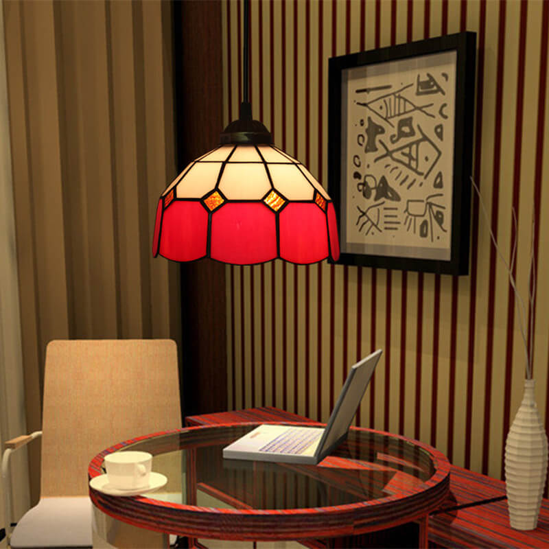 Traditional Tiffany Stained Glass Pendant Light for Living Room, Round 1-Light Iron Dome Shade