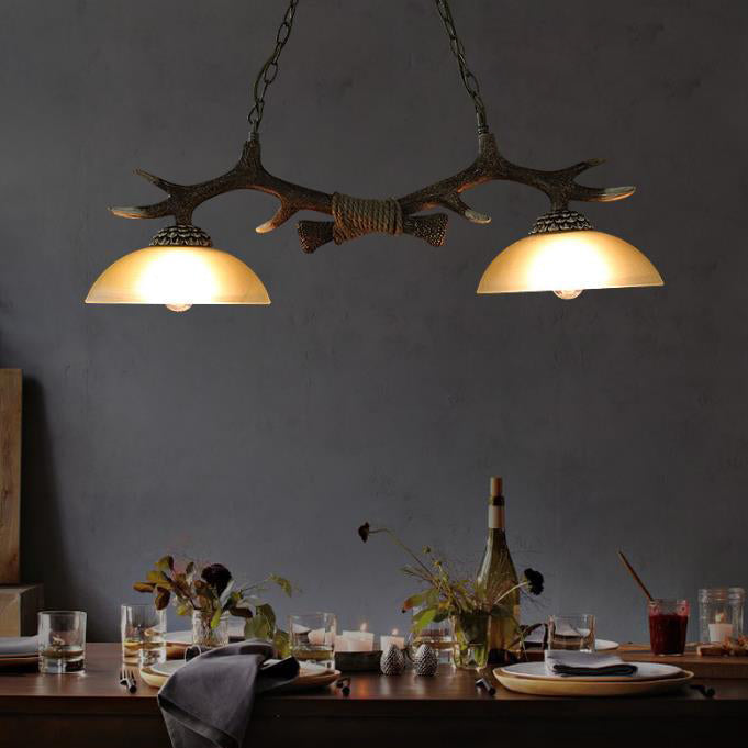 Vintage Resin Antler Chandelier - 2-Light Glass Bowl Shade