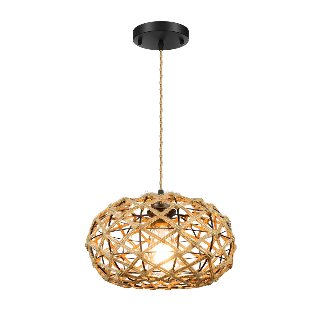Round Hand Woven Cage Rope Ceiling Light Chandelier - Beige Retro Minimalist Decor