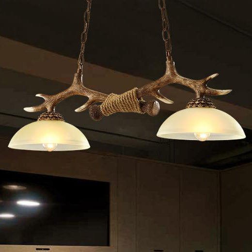 Vintage Resin Antler Chandelier - 2-Light Glass Bowl Shade