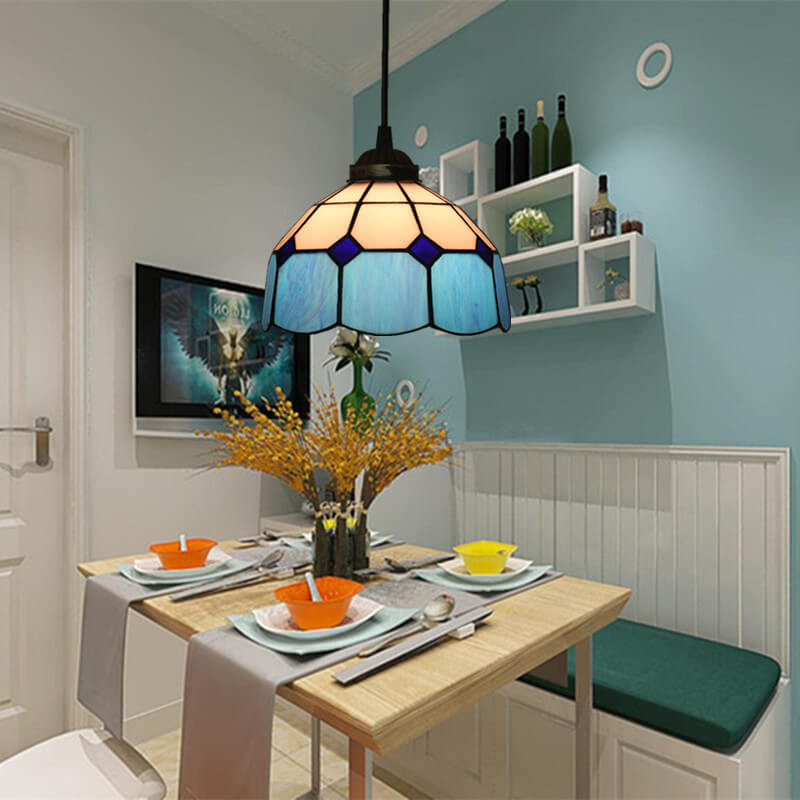 Traditional Tiffany Stained Glass Pendant Light for Living Room, Round 1-Light Iron Dome Shade