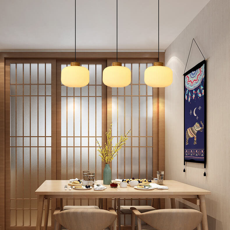 Retro White Striped Glass Jar Pendant Light, 1-Light Japanese Design